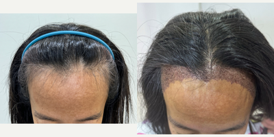FUE hair transplant 1,700 grafts (Feminine hairline lowering) - A middle-aged Asian woman came in for a hair transplant shaven FUE technique with 1700 grafts to lower frontal hairline and create a feminine hairline.