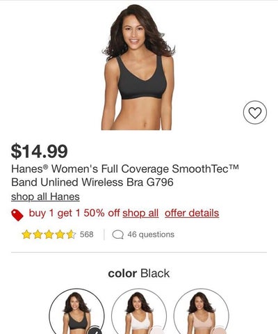 Hanes Womens full coverage Smootec Band Unlined Wireless Bra M