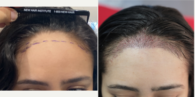 18-24 year old woman treated with Forehead Reduction - Notice the slight redness and the short hairs RIGHT AFTER SURGERY better framing her new hairline.  She had about 1000 graft FUT.