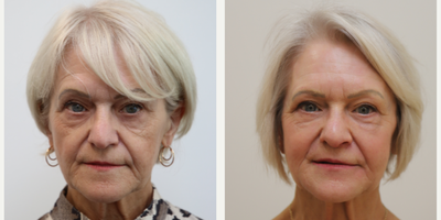 65-74 year old woman treated with Facial Fat Transfer, TCA Peel - Lower blephs, Fat grafting and TCA peel