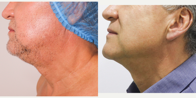 55-64 year old man treated with Buccal Fat Removal - This a minimally invasive cosmetic procedure to remove excess fat from the chin and neck area, resulting in a more defined, sculpted appearance. This procedure is often sought by patients who are dissatisfied with the appearance of a double chin or a less defined jawline due to excess fat deposits.