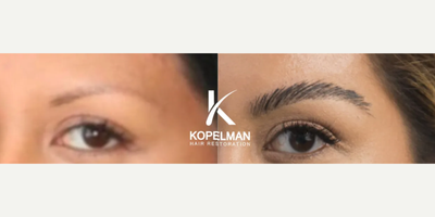 25-34 year old woman treated with Eyebrow Transplant - Age: 32Gender: FemaleProcedure: Eyebrow Hair TransplantGrafts: 500Procedure Description: The patient wanted fuller eyebrows to frame her face better. Photos taken before and six months after the procedure.